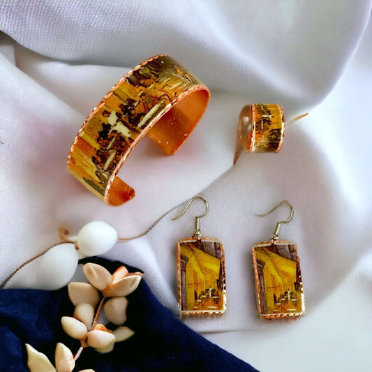 Vincent Van Gogh Cafe Terrace at Night Copper Adjustable Ring Bracelet Earrings Jewellery Set