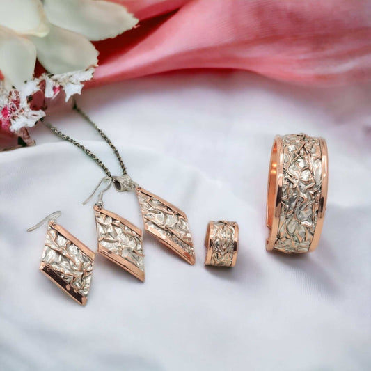 Silver Plate Copper Wrinkled Necklace Earring Adjustable Ring Bracelet Set Jewellery
