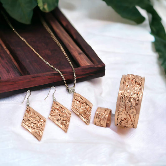  Copper Wrinkled Necklace Earring Adjustable Ring Bracelet Jewellery Set