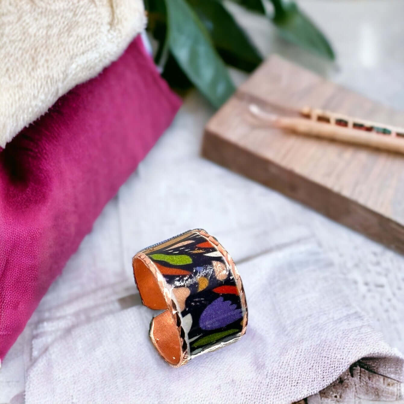  Purple White Flowers Copper Adjustable Ring Bracelet Earrings Set