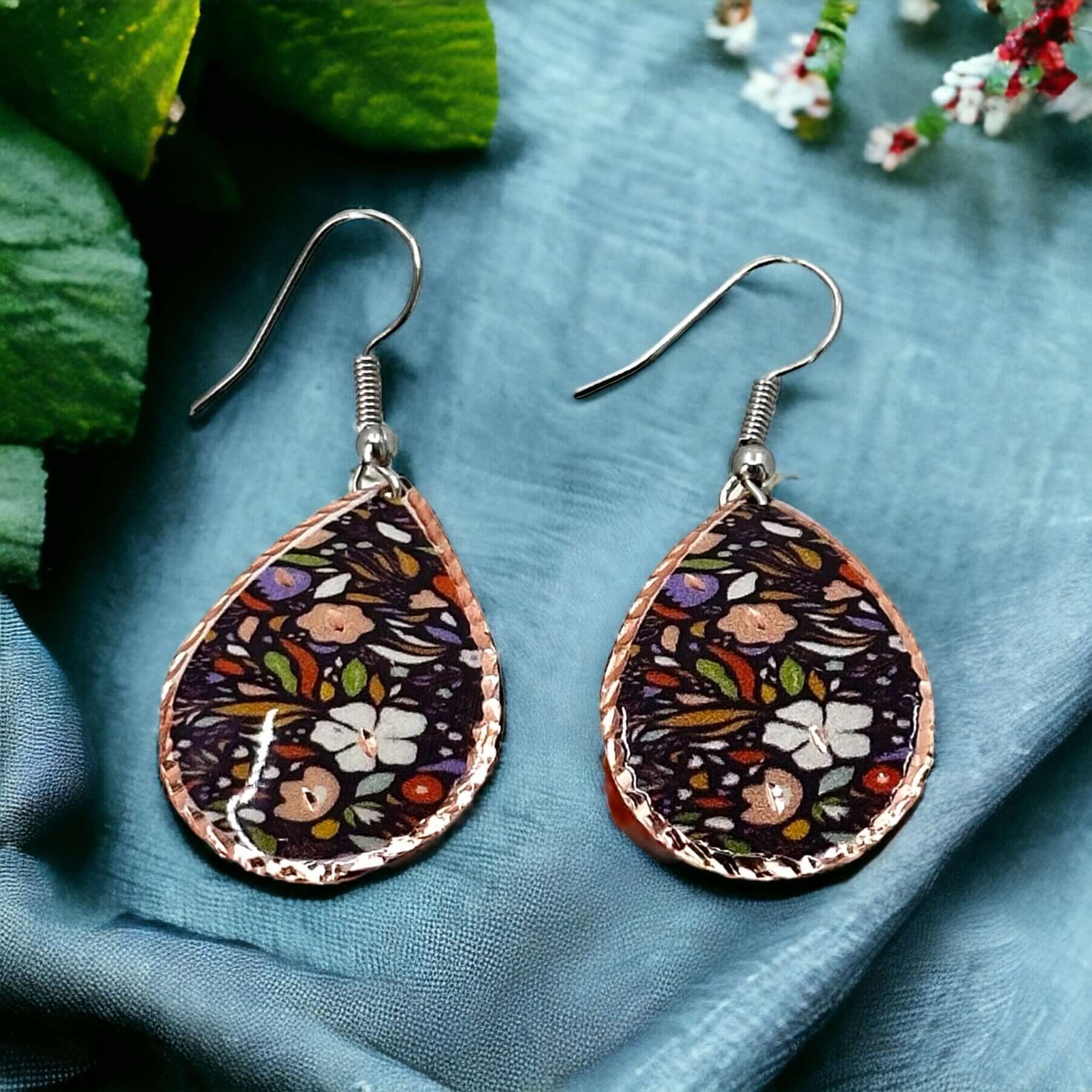  Purple White Flowers Copper Adjustable Ring Bracelet Earrings Set