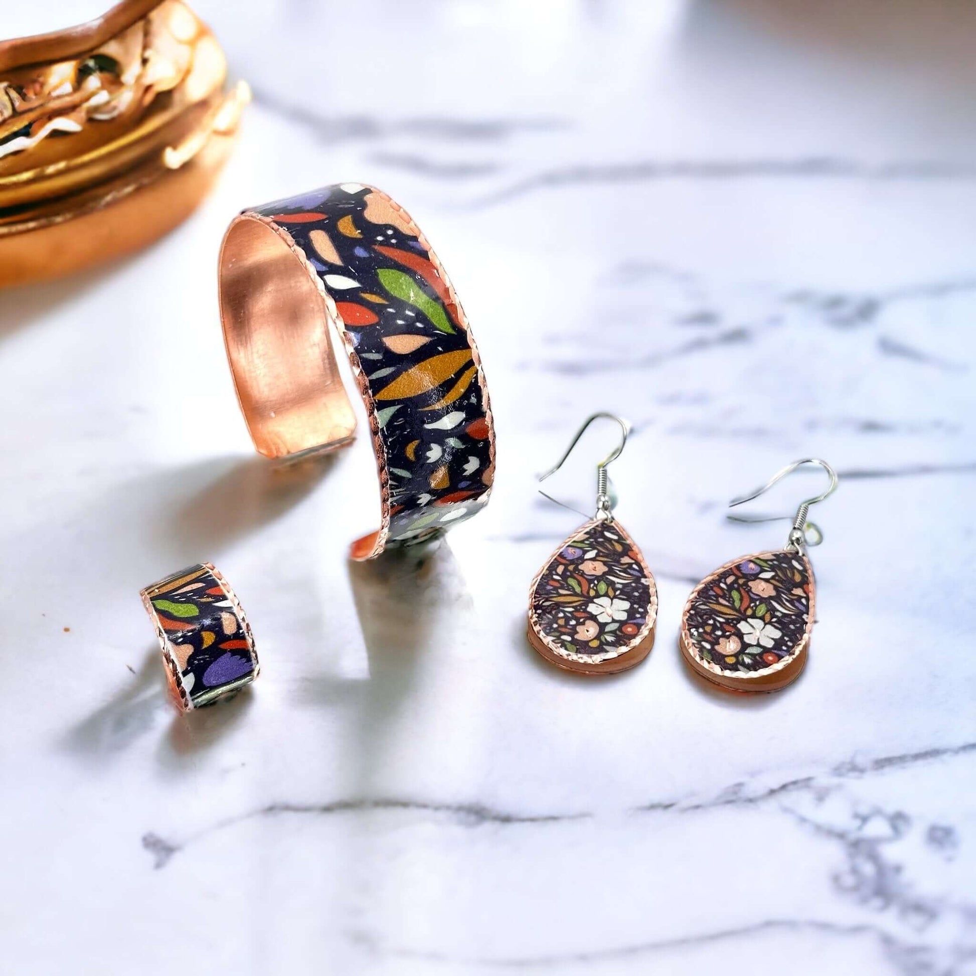  Purple White Flowers Copper Adjustable Ring Bracelet Earrings Set