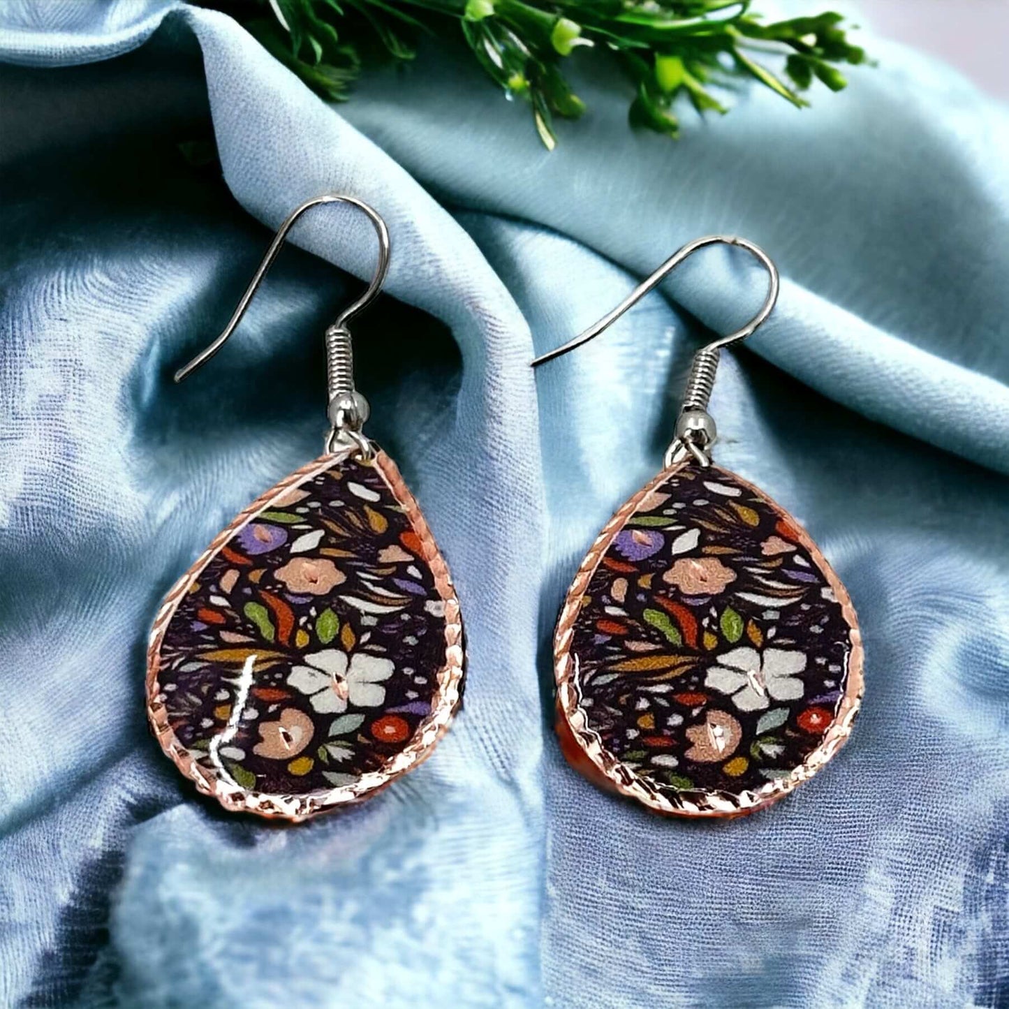  Purple White Flowers Copper Adjustable Ring Bracelet Earrings Set