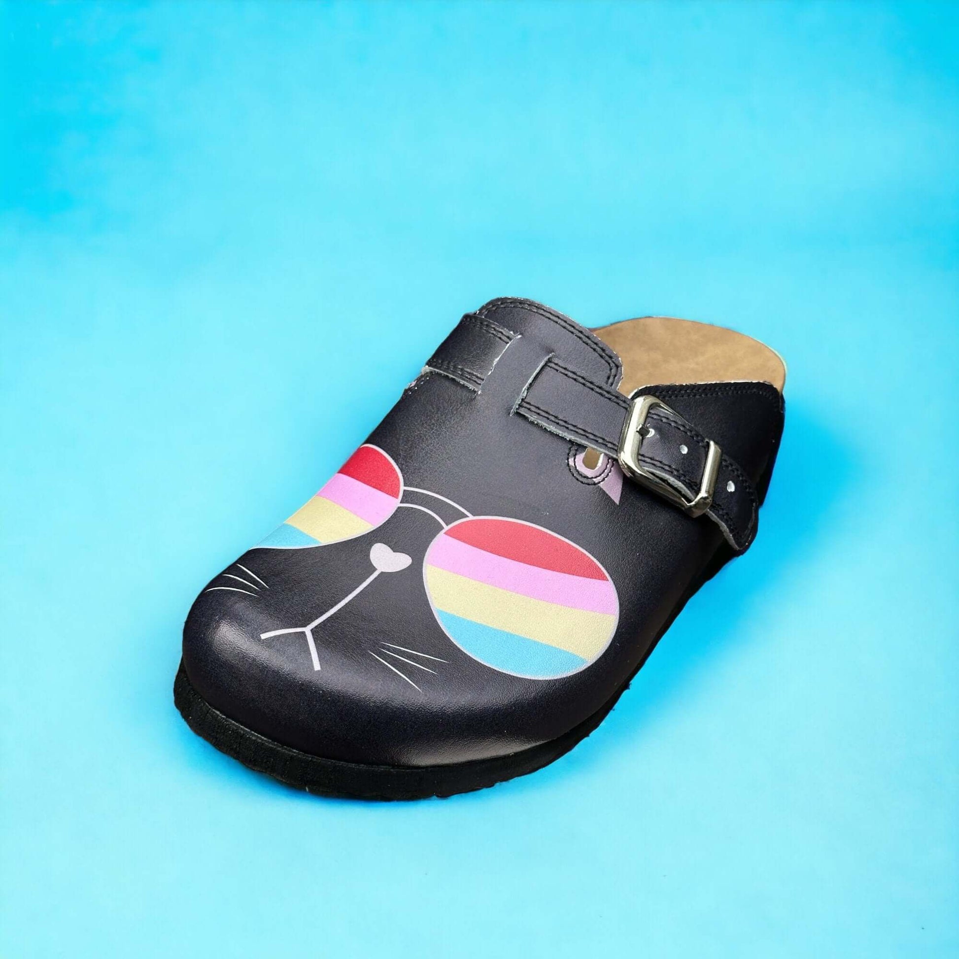 Colourful Glasses Cat Air Clogx 224 Leather Slippers Clogs Mules Nursing Clogs Handmade Comfortflex Gift for Women, Super Comfy, Handmade, Low Heel, Indoor Outdoor
