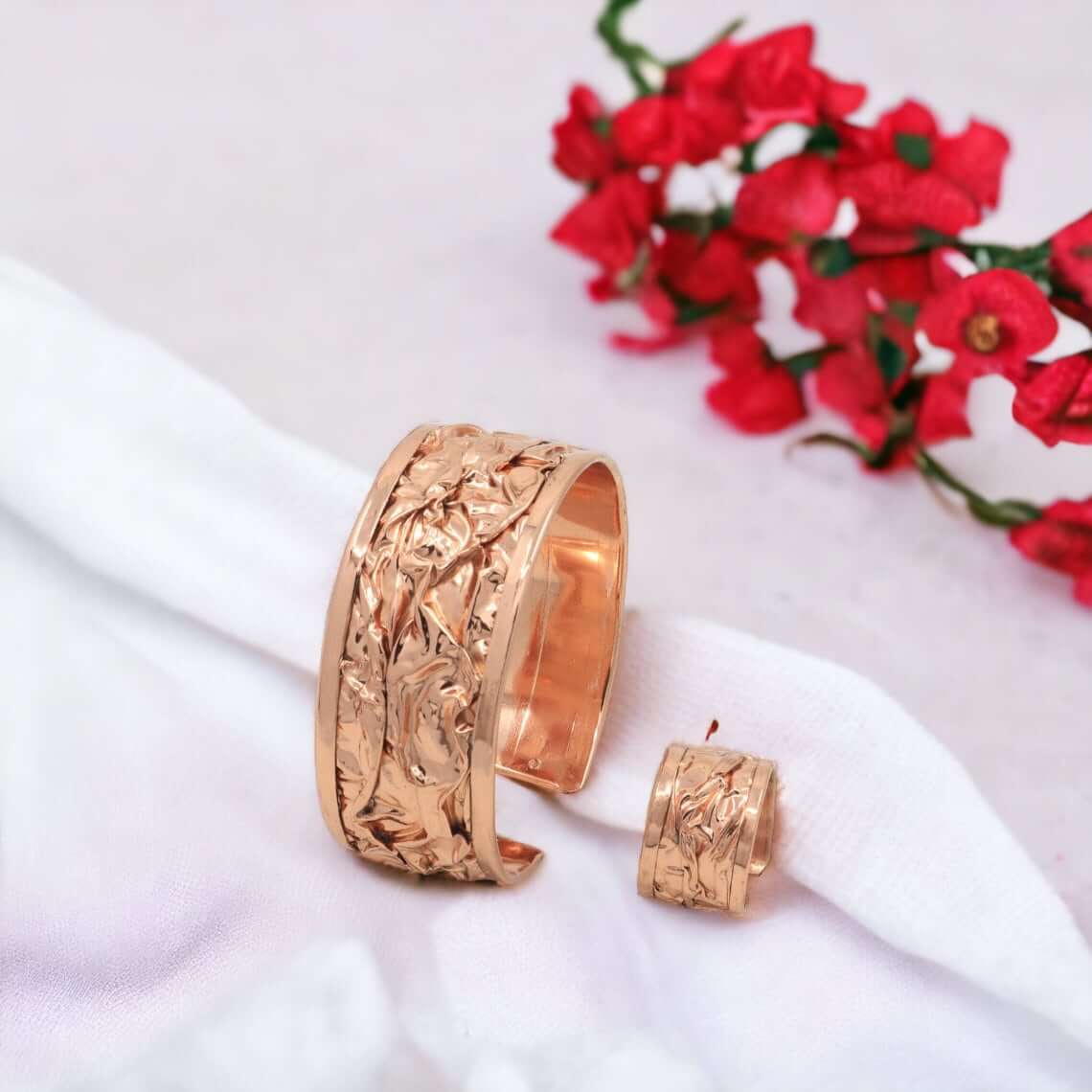  Copper Wrinkled Necklace Earring Adjustable Ring Bracelet Jewellery Set