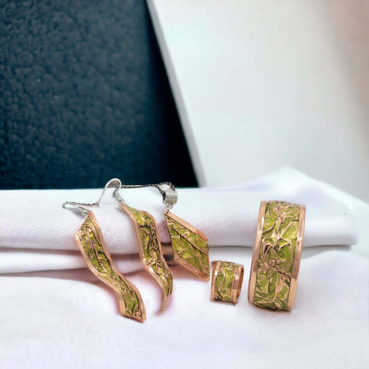 Yellow Copper Wrinkled Necklace Earring Adjustable Ring Bracelet Jewellery Set