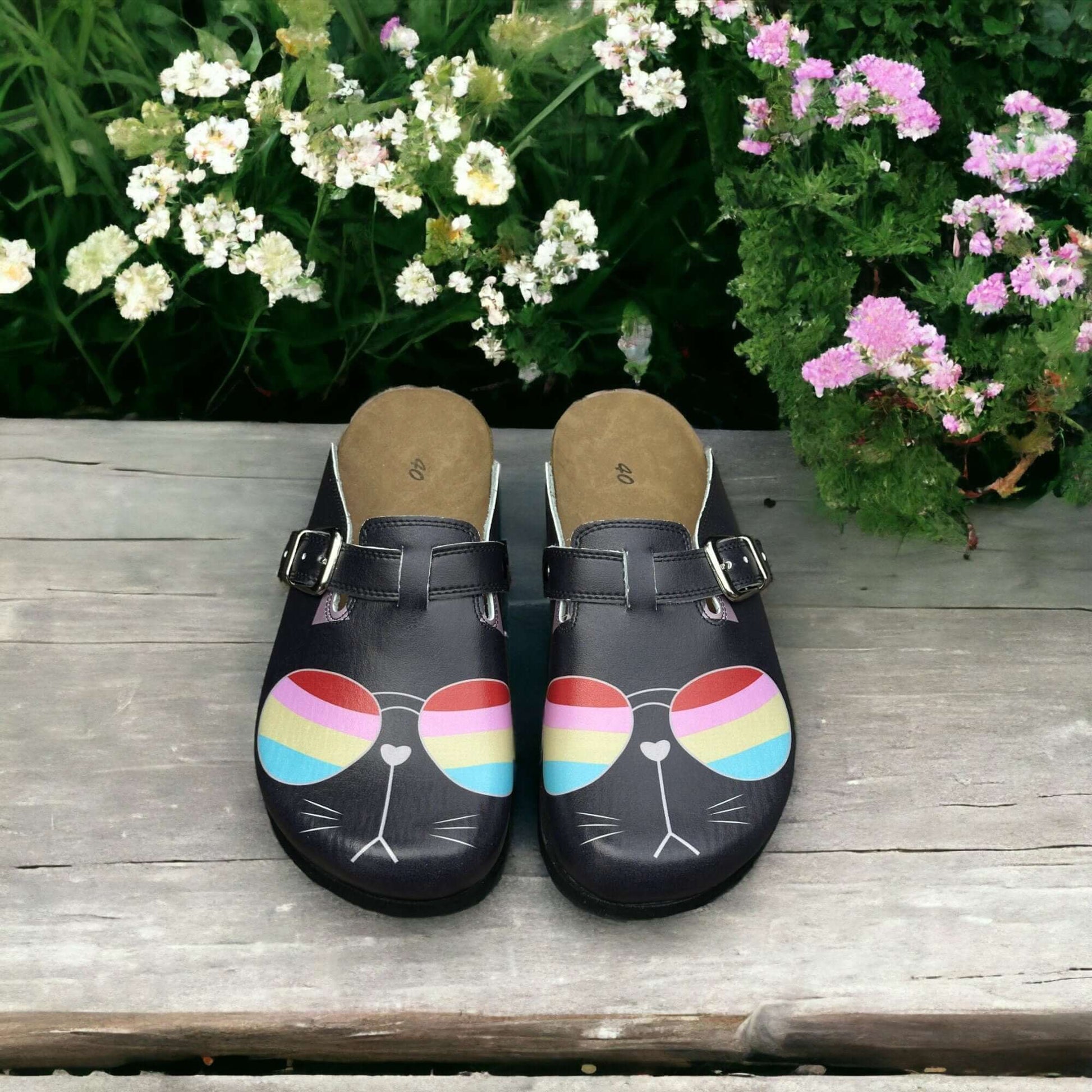 Colourful Glasses Cat Air Clogx 224 Leather Slippers Clogs Mules Nursing Clogs Handmade Comfortflex Gift for Women, Super Comfy, Handmade, Low Heel, Indoor Outdoor